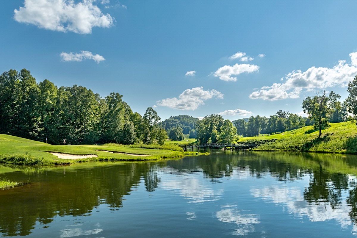 A serene landscape featuring a lush green area with trees, a clear pond reflecting the sky, and a blue sky with scattered clouds.