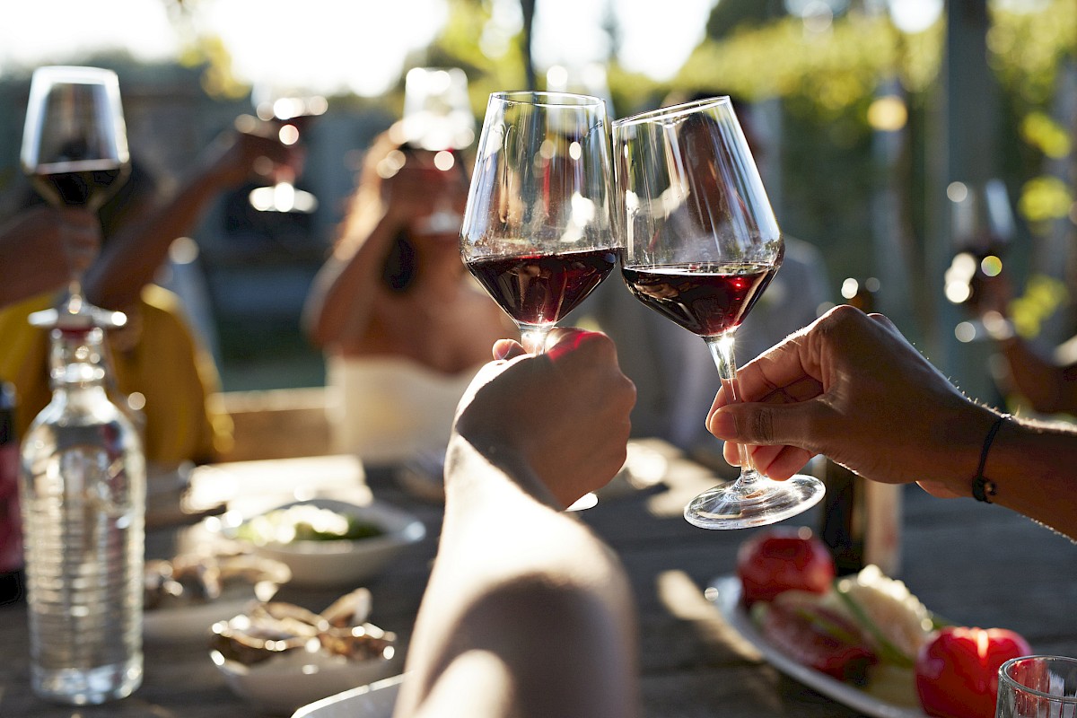 People raising glasses of red wine for a toast at an outdoor gathering.