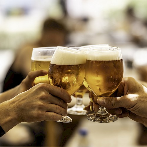 Four people clinking glasses of beer in a celebratory toast, with a blurred background indicating an indoor social gathering.